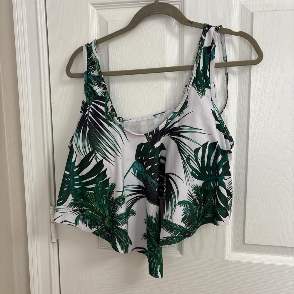 Tropical Palm Tie-Front Crop Tank Top - Green/White